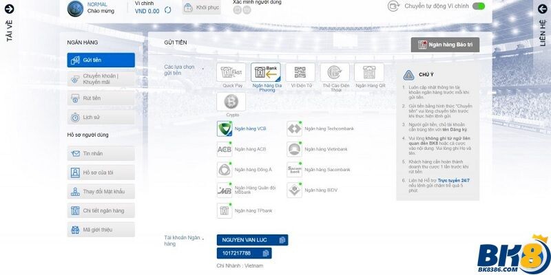 Hình thức nạp tiền vào BK8 qua ngân hàng