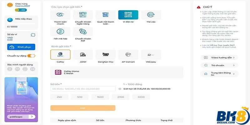 Hình thức nạp tiền qua ví điện tử tại BK8