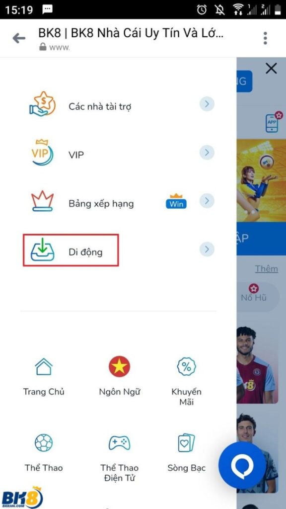 Chọn mục “Di động” để tải app BK8 về điện thoại